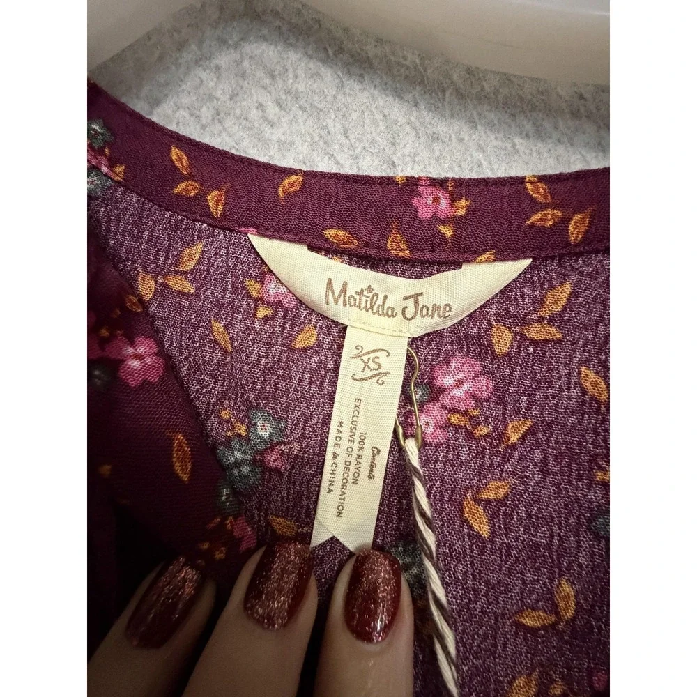 Matilda Jane Dress Womens XS Purple Floral‎ V Neck Tassel Boho Shift 3/4 Sleeve